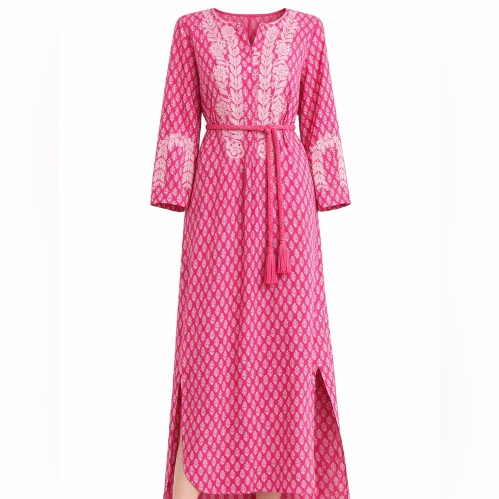 Pink Boho Embroidered Cotton Midi Dress Tassel Belt Beach Vacation XS EX VOTO